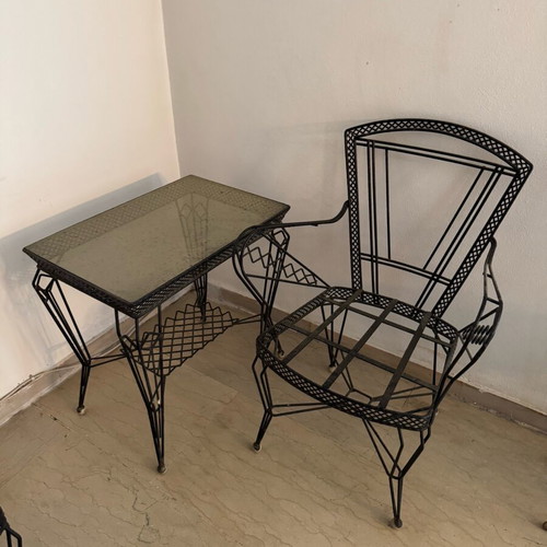 Outdoor set table and 3 ferforje metal chairs with cushions used