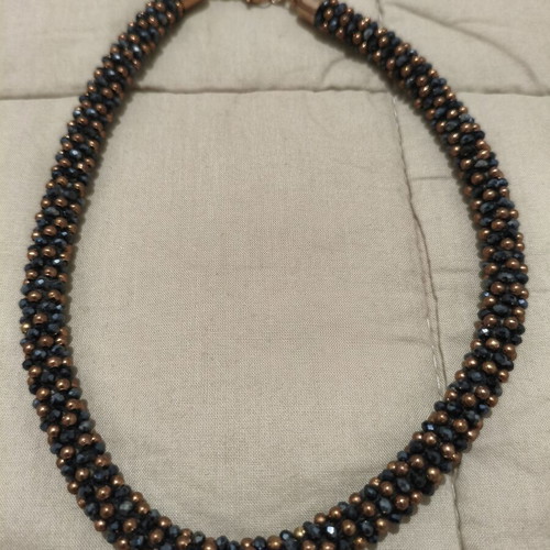 Handmade choker necklace with bead braid, like new, blue and copper