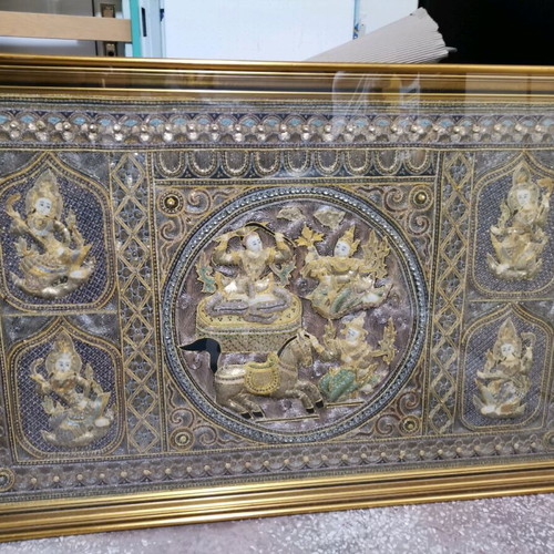 Indian embroidery handmade in double frame like new with embossed deity motifs