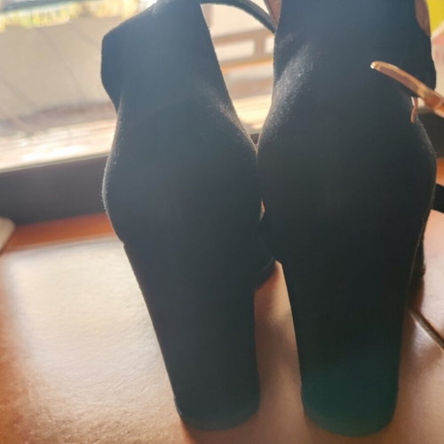 Black suede pumps with thick heel and strap, size 39, like new