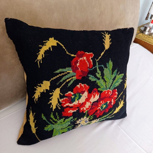 Vintage decorative sofa pillow with handmade embroidery and buttons used