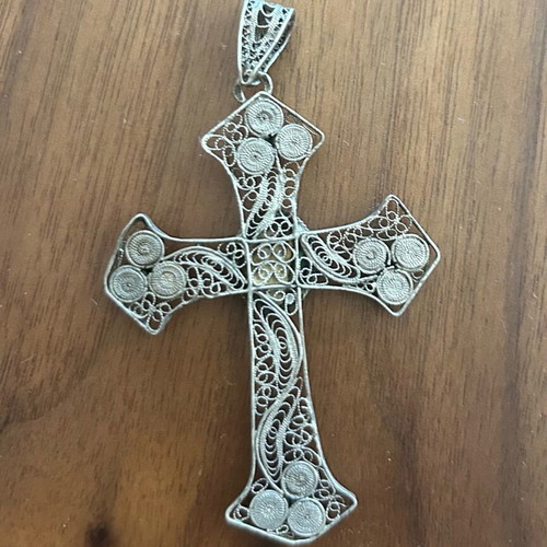 Vintage filigree cross with blue stone like new