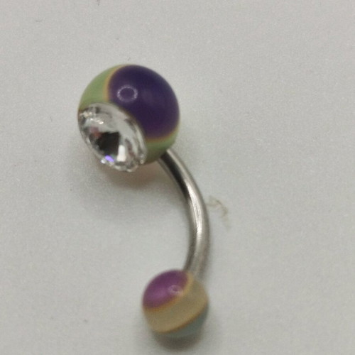 Steel navel earrings with crystals and synthetic beads in purple, green, yellow