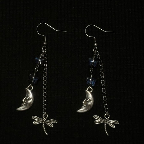 Handmade earrings with moon and dragonfly charm new, blue and silver