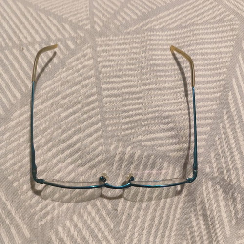 Blue eyeglasses used with nose pads for frame reuse