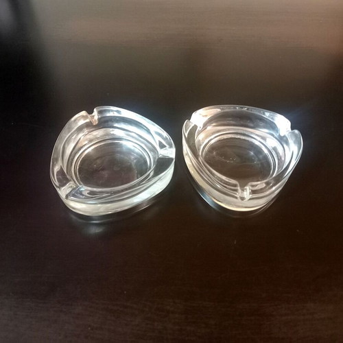 Glass ashtrays vintage set of 2 used, thick triangular design