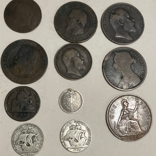 Lot of 11 European coins used, silver and copper 1835-1945