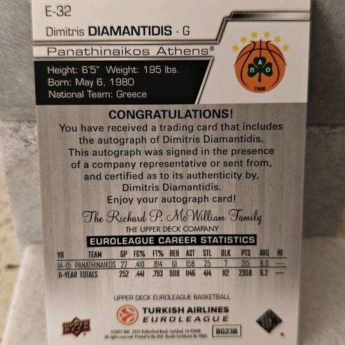 Dimitris Diamantidis Upper Deck Autograph 2015 new