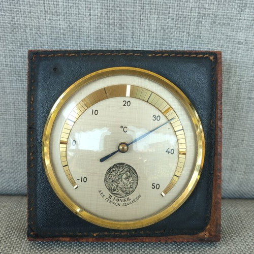 Vintage Ethniki Thermometer used, wooden base with leather