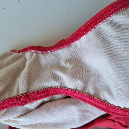 Adidas red one-piece sports swimsuit with yellow and pink stripes
