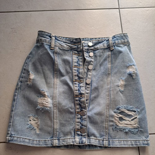 Distressed denim mini skirt with buttons, like new, light wash