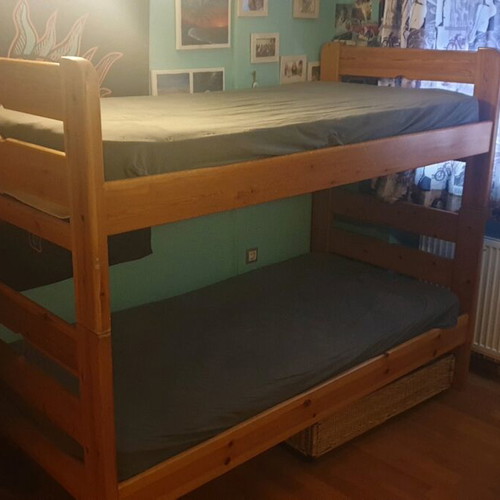 Wooden bunk bed used, solid wood, includes mattresses and nightstands