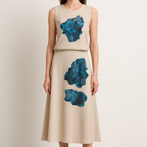OAKS Twin Set like new beige with blue abstract watercolor motifs M/L