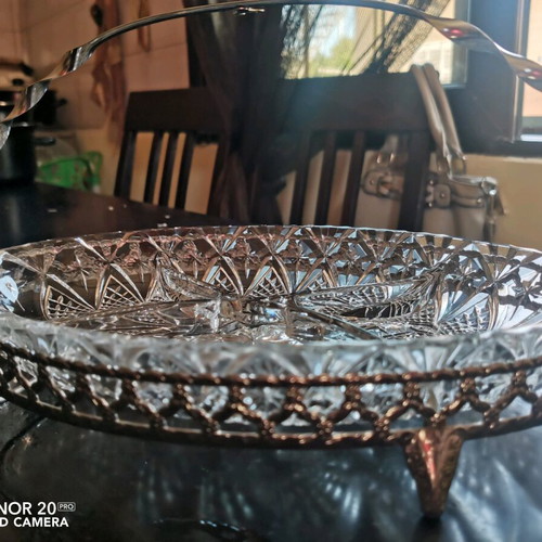Vintage crystal serving platters with dividers, one with silver base, new