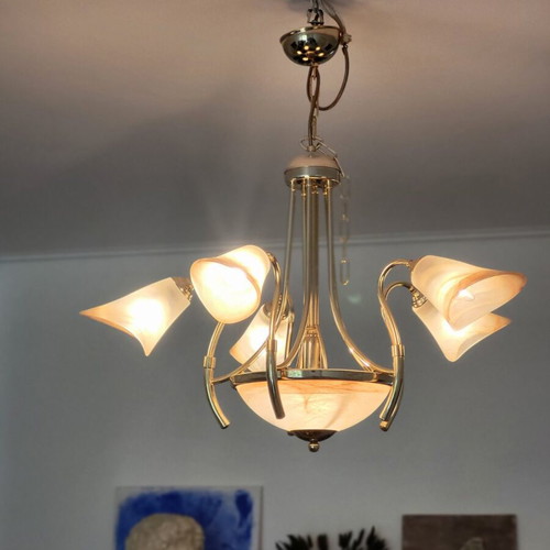 Ceiling chandelier used with handmade glass and bronze