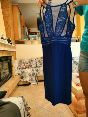 Blue dress used, unworn, with strass and lining, tight fit