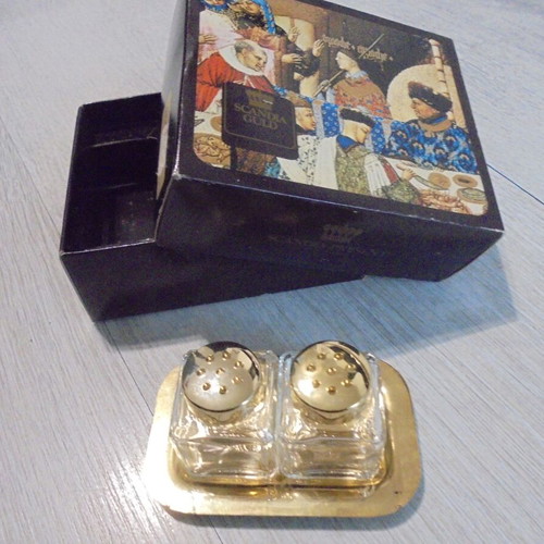 Vintage Scandia Guld set with two mini salt shakers and tray like new
