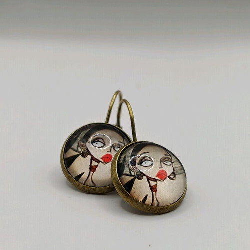 Dangling earrings 14mm girl new, beige and red