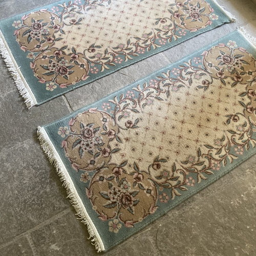 Set of 3 Handmade Vintage Wool Rugs with Romantic Floral Design