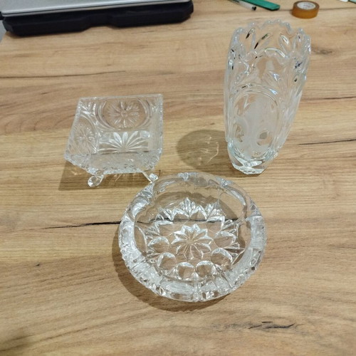 Glass item set used, vase, ashtray and small fondue dish