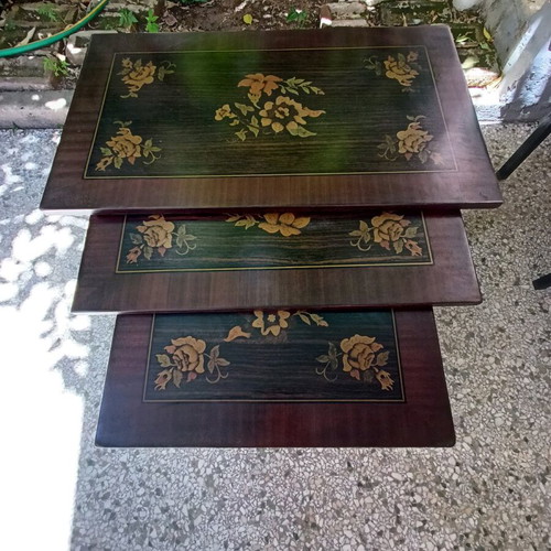 Zigon marquetry tables used, set of 3