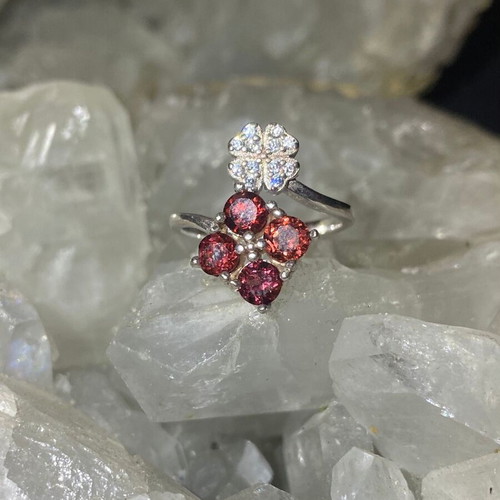 Silver ring with natural red garnet and moissanites, new