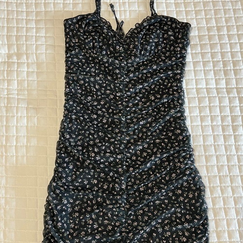 H&M Black Floral Ruched Bodycon Mini Dress New