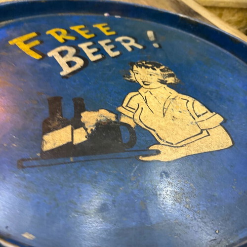 Vintage metal tray "Free Beer" used, retro pub decor
