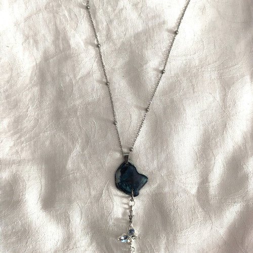 Raw Blue Agate Necklace with Butterfly Charm, Stainless Steel Chain, Like New