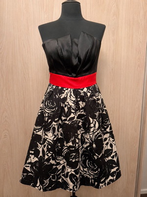 Ysatis strapless dress with black satin bust and floral skirt