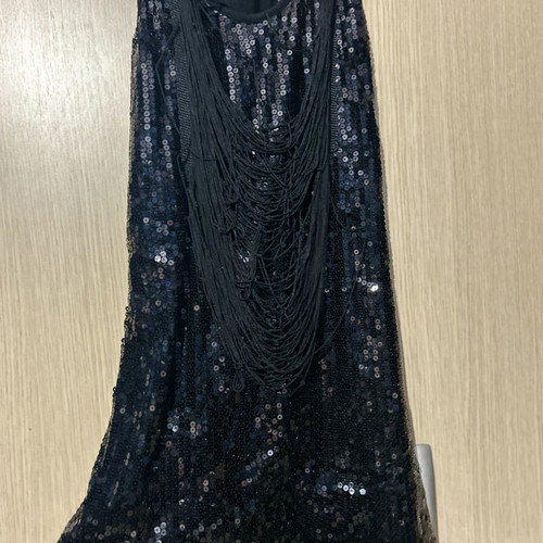 TT Studio black tank top with birds and fringes used, S/M