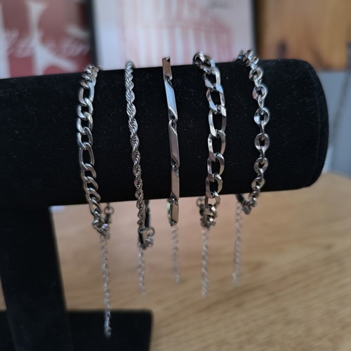 Men's stainless steel bracelets, set of 5, silver