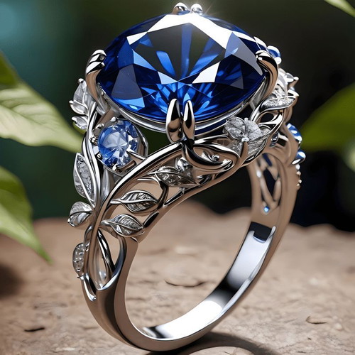 Women's ring with synthetic blue sapphire princess cut, silver floral design