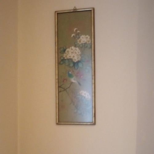 Vintage Asian-style silk painting with birds and flowers, like new