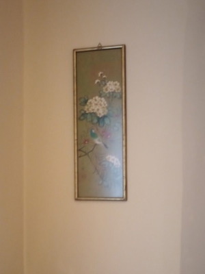 Vintage Asian-style silk painting with birds and flowers, like new