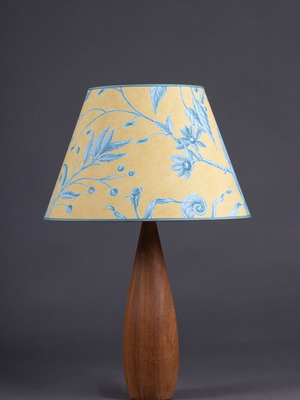 Handmade table lamp with iroko wood base and fabric shade