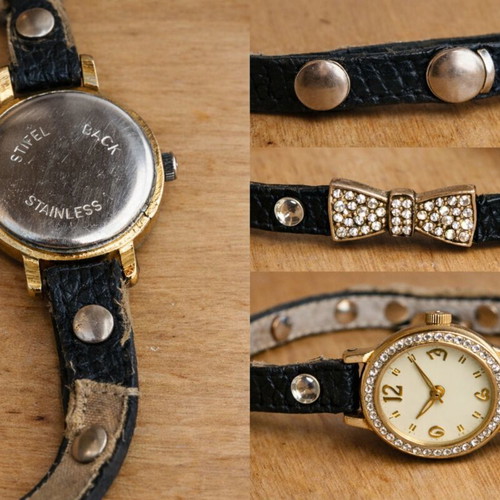 Women's watch with leather strap and bow used, black and gold