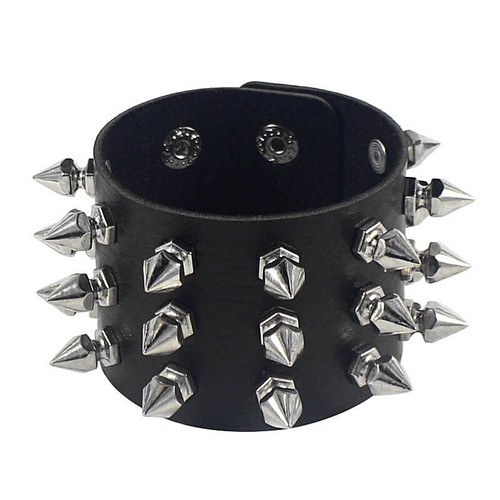 Gothic Metal Style Bracelet with Three Rows of Spikes Black