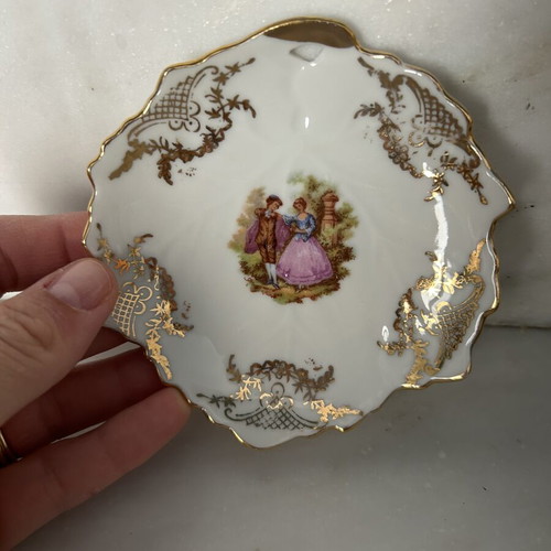 Vintage porcelain set of 6 miniature plates with gold trim