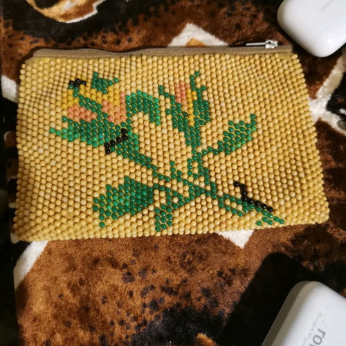 Vintage handmade beaded clutch used, 1960s