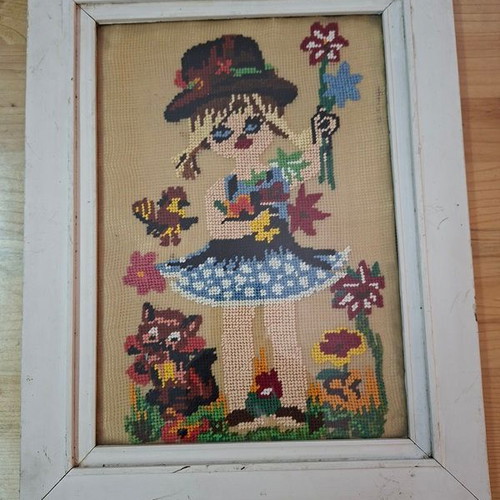 Vintage embroidered textile paintings with white wood frames, 1960s