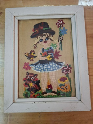 Vintage embroidered textile paintings with white wood frames, 1960s