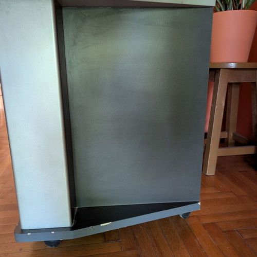 Corner showcase TV stand with wheels used, wood and glass doors