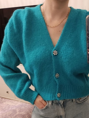 Zara knit cardigan with bejeweled buttons green turquoise S like new