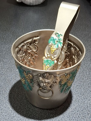 Vintage silver-plated ice bucket with authentic tongs and colored relief