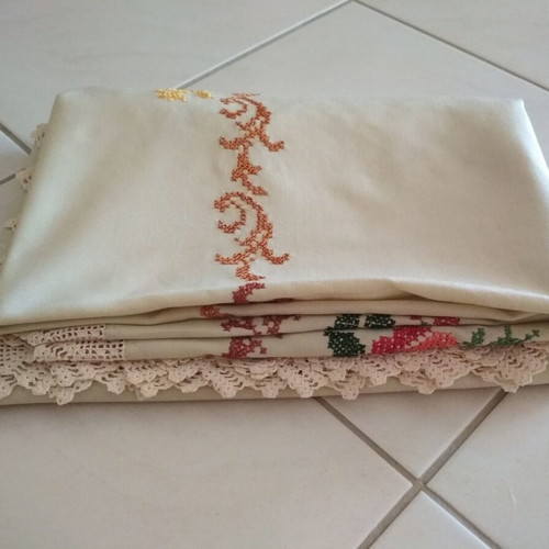 Embroidered handmade tablecloth used, beige with rose design