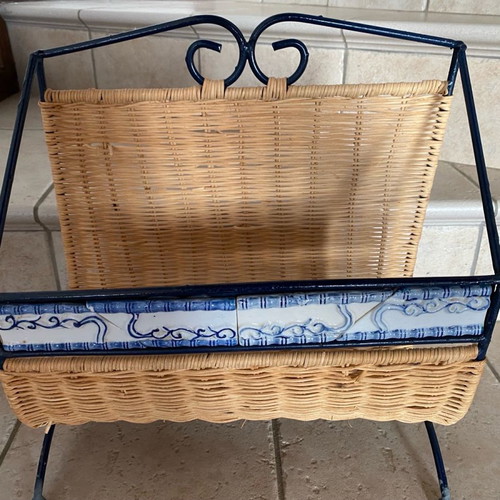 Rattan and metal newspaper and magazine holder like new