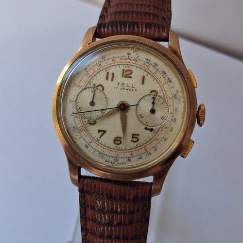 Tell 1950 mechanical chronograph watch used, beige and gold