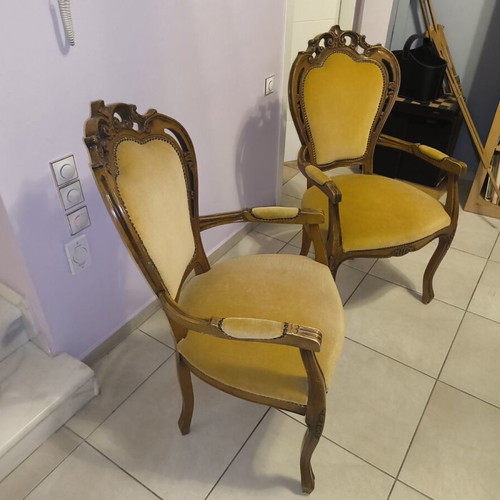 Pair of Baroque Louis XV style armchairs, velvet and wood