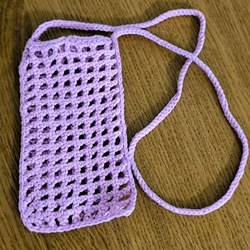 Handmade purple crochet phone case with strap